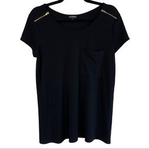 Express Gold Zipper Shoulder Stretchy Career Blouse Black Size Medium Spandex M